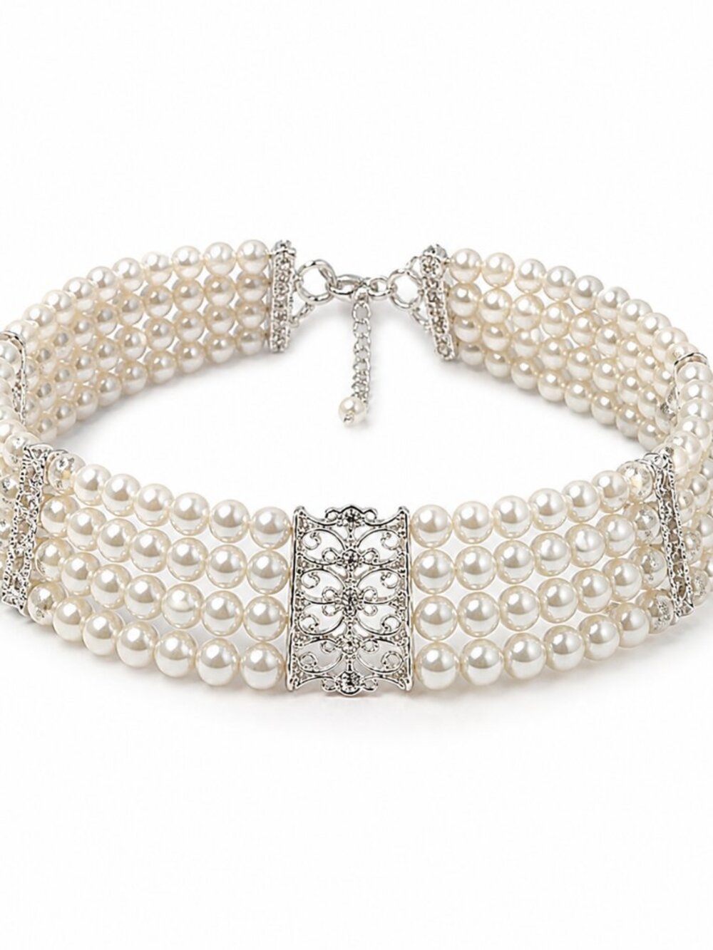 Vintage Faux Pearl Multi-Strand Choker with Ornate Silver Panels – 32–40 cm